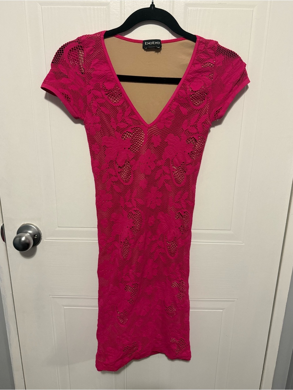 Bebe Hot Pink Floral Lace Bodycon Dress XS Y2K